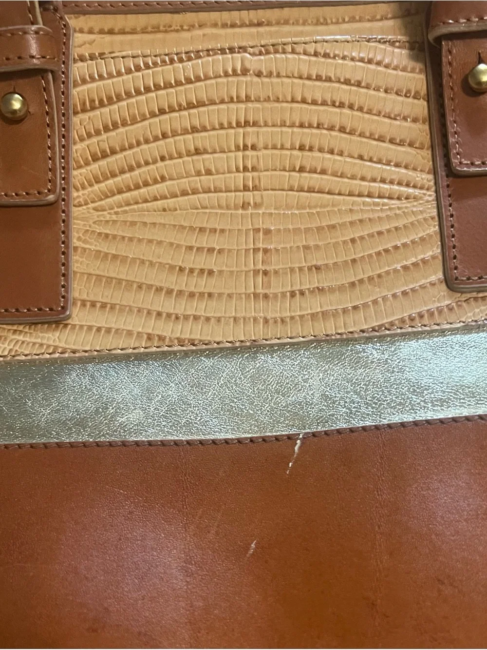 Brahmin Medium Arno Zip Top Tote Bag  Tan Beaumont With Metallic Gold Accents